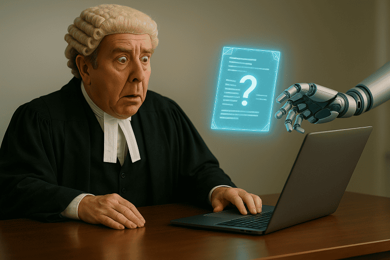 A judge with a laptop and a robot hand.